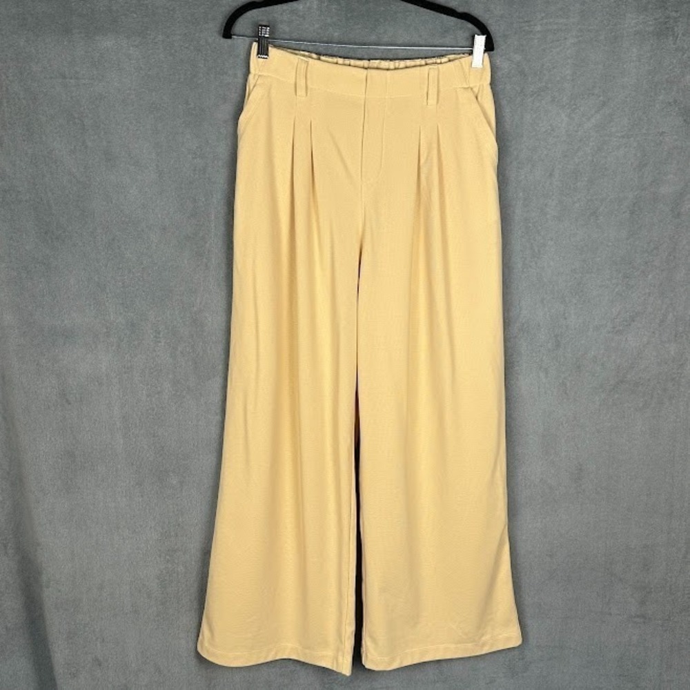 Halara Pants Womens Medium Yellow Waffle Knit Wide Leg High Rise Stretch Career